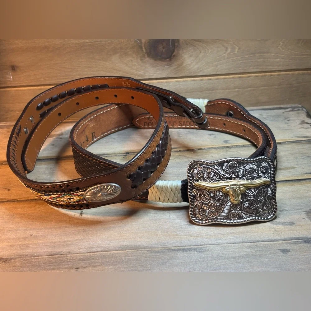 Qty 2  Leather Western Belts with  1 removable Silver Buckle 301/2 “ & 31” L